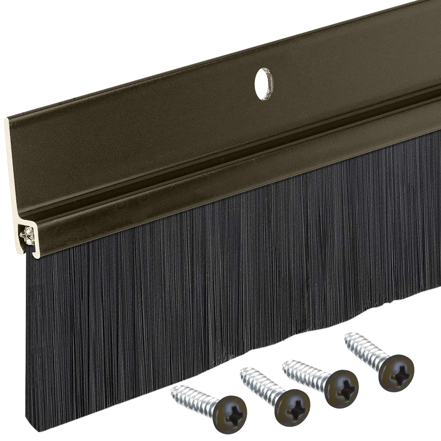 Version 1.0.0 3 FT Brown Aluminum Door Sweep with Black Brush Seal | Fills Gaps Up to 1 1/2” | Pre-Drilled with Matching Color Screws Included | Draft Stopper, Dust & Debris Blocker | - Image 1