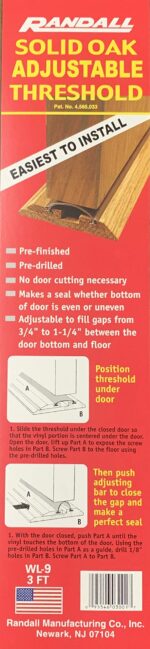 36" Adjustable Oak Threshold with Vinyl Seal – 3 1/2" Wide | Pre-Finished, Pre-Drilled | Height Adjustable to Fill 3/4" to 1 1/4" Gaps |  – Randall WL-9 - Image 3